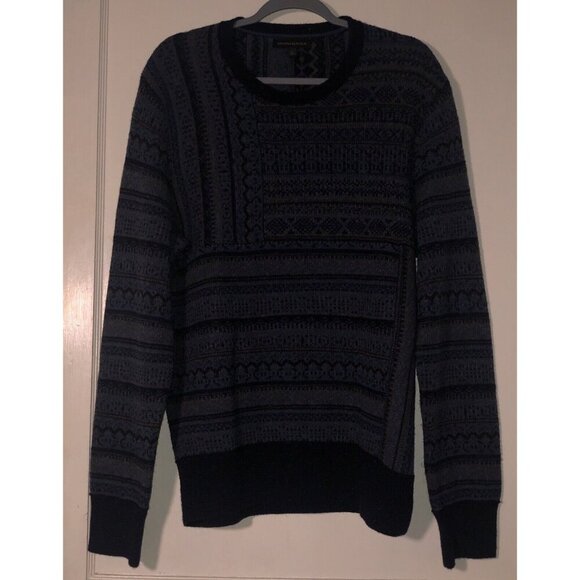 Banana Republic  Wool  Blend Sweater  Blue Fair Isle Nordic Men's L  Elbow Patch - Picture 2 of 10